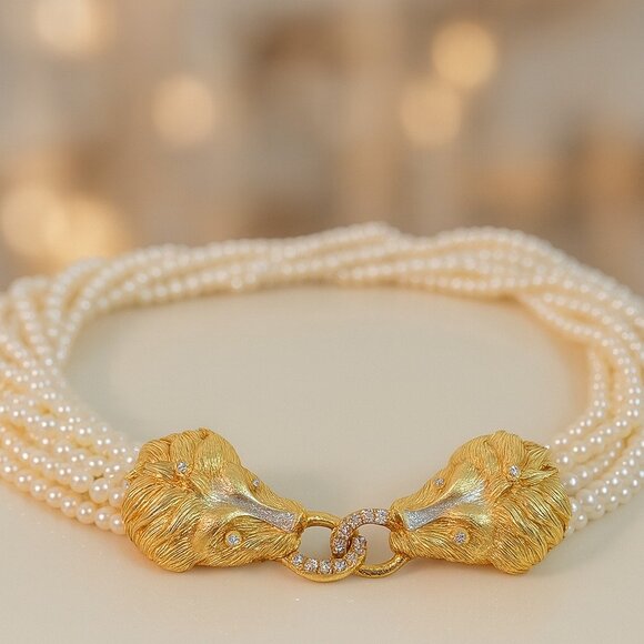 Jewelry - Vintage 14K Gold Lion-Head Clasp Multi-Strand Pearl Choker w/ Diamonds (Real)